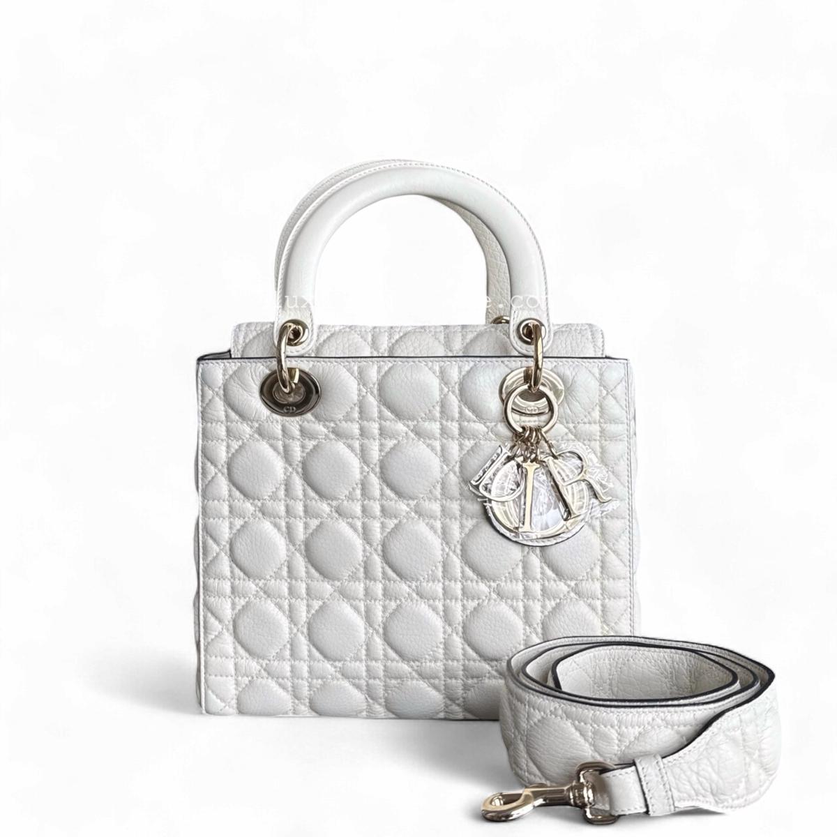 Dior Lady Medium Flap - Grained Calfskin Cannage Cream White Gold Hardware