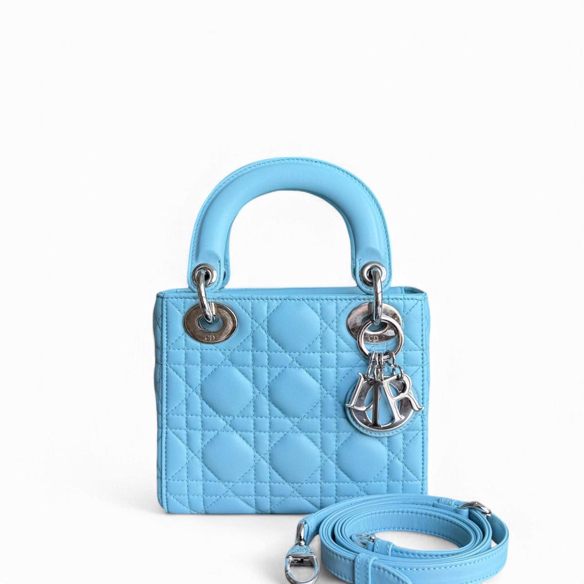 Dior Lady Mini - Cannage Lambskin Light Blue Silver Hardware Adjustable strap