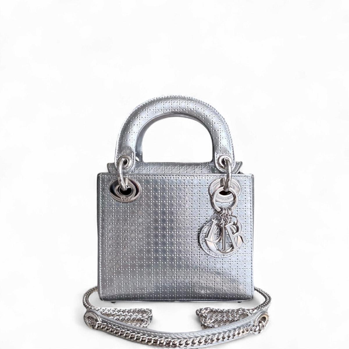 Dior Lady Mini - Metallic Calfskin Micro Cannage Silver Hardware Chain strap
