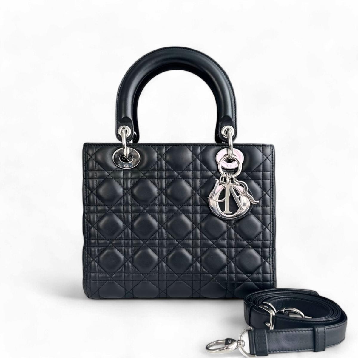 Dior Lady Medium - Cannage Lamsbkin Black Silver Hardware Adjustable Strap